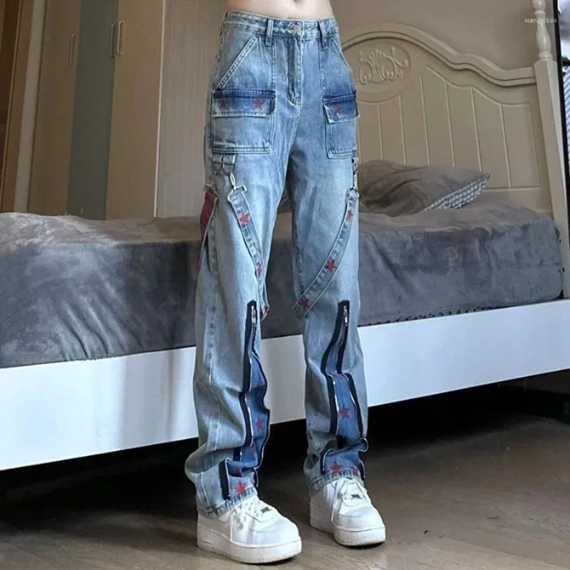 Jeans da donna Y2K Vita alta Utensili Cerniera Donna Plus Size American Street Star Stampa Cuciture Pantaloni larghi slim larghi Tide