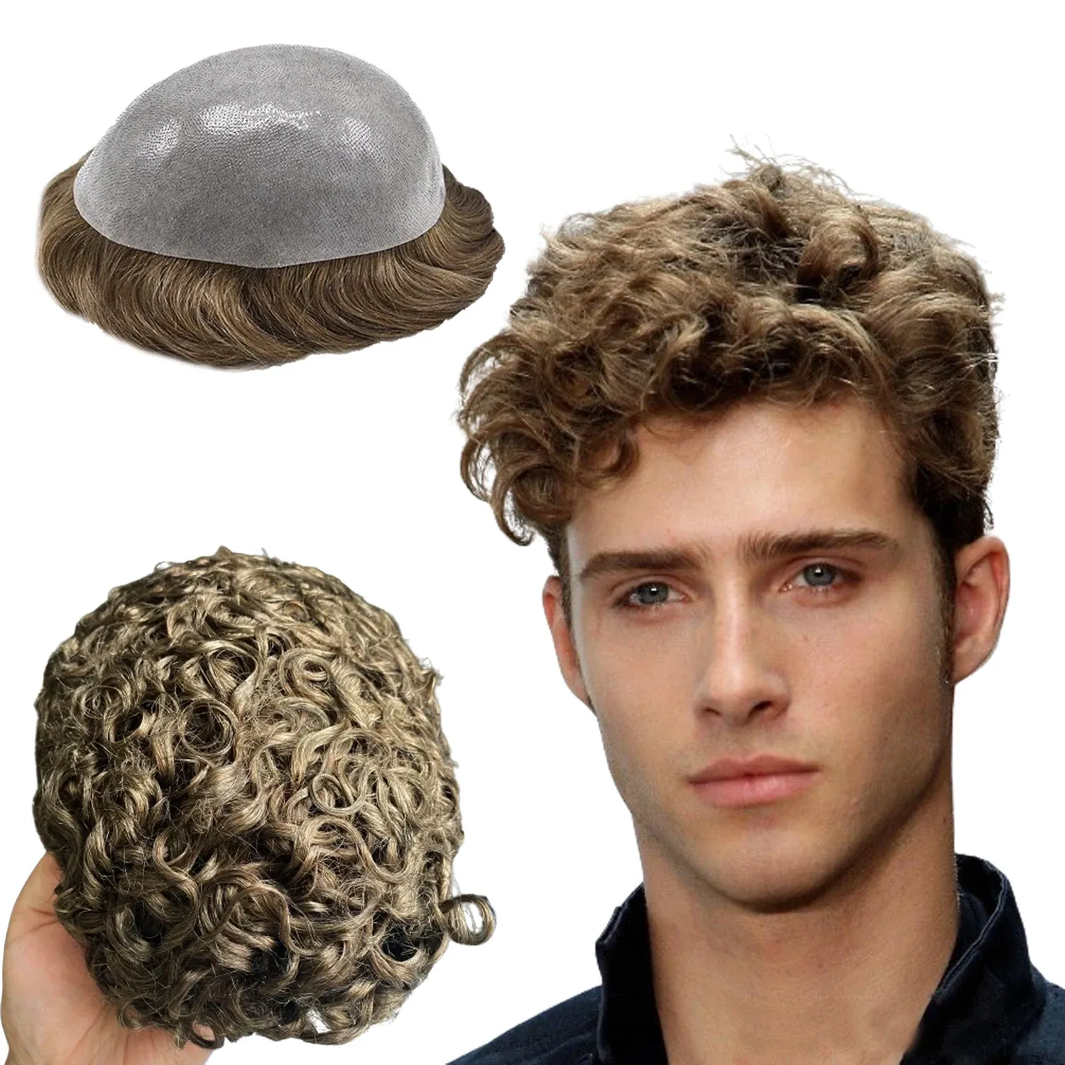 Toupet N.L.W 0,04mm Toupee sottile in PU per uomo Parrucchino per capelli castano chiaro 10mm Afro Curl sostituzione parrucchino per uomo size10 * 8