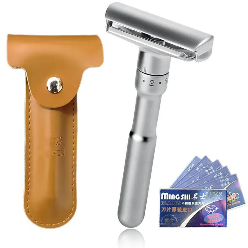 Razor Justerbar säkerhet Razor med läderväska Double Edge Classic Mens Rakning mild till aggressiv 16 filhårborttagning rakapparat