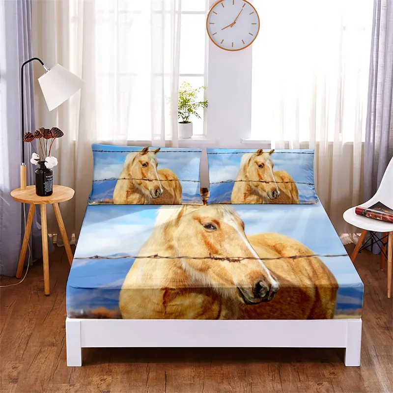 Ensembles Beautiful Horse 3pc Polyester Drap-Housse Solide Housse de Matelas Quatre Coins avec Drap de lit à Bande élastique (2 taies d'oreiller)