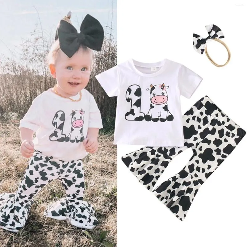 Ensembles de vêtements Kid bébé fille vêtements d'été ensemble à manches courtes lettre imprimée t-shirt hauts vache imprimé pantalon évasé bandeau tenues d'anniversaire