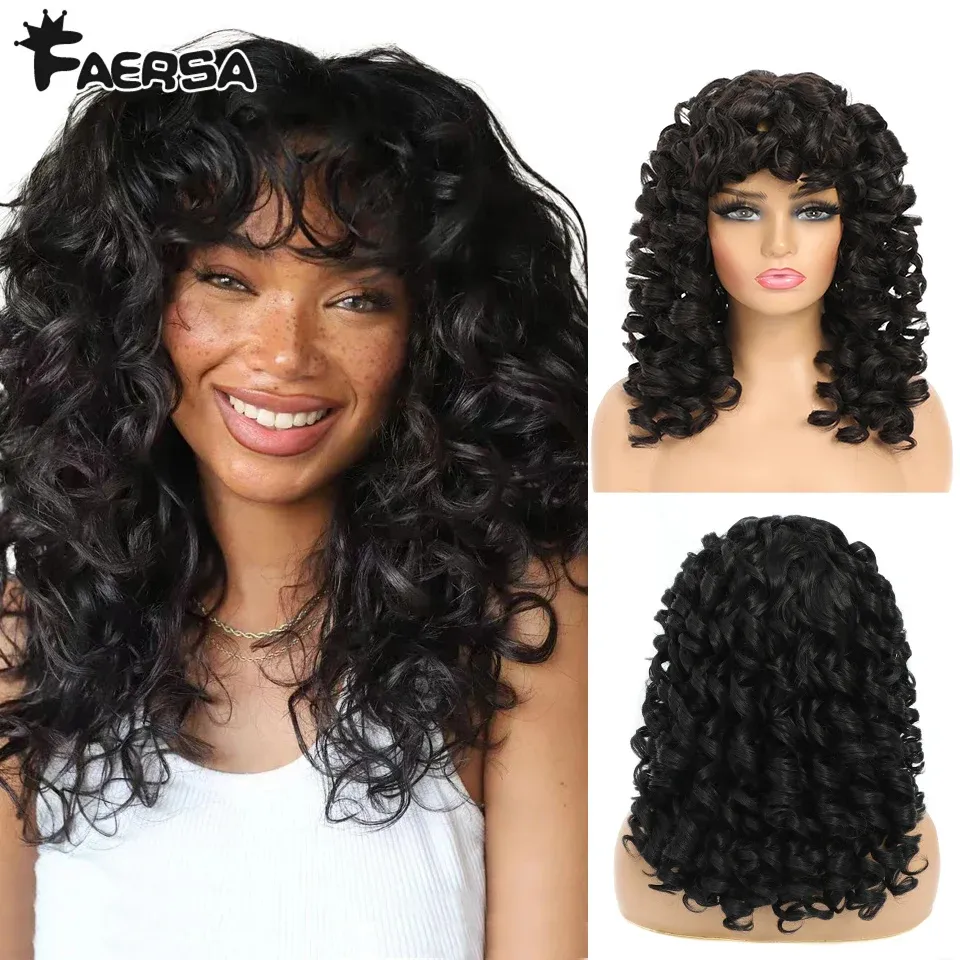 Perucas curtas pretas encaracoladas com franja para mulheres, cabelo sintético, cosplay, solto, encaracolado, loiro, vermelho, gengibre, sem cola, afro