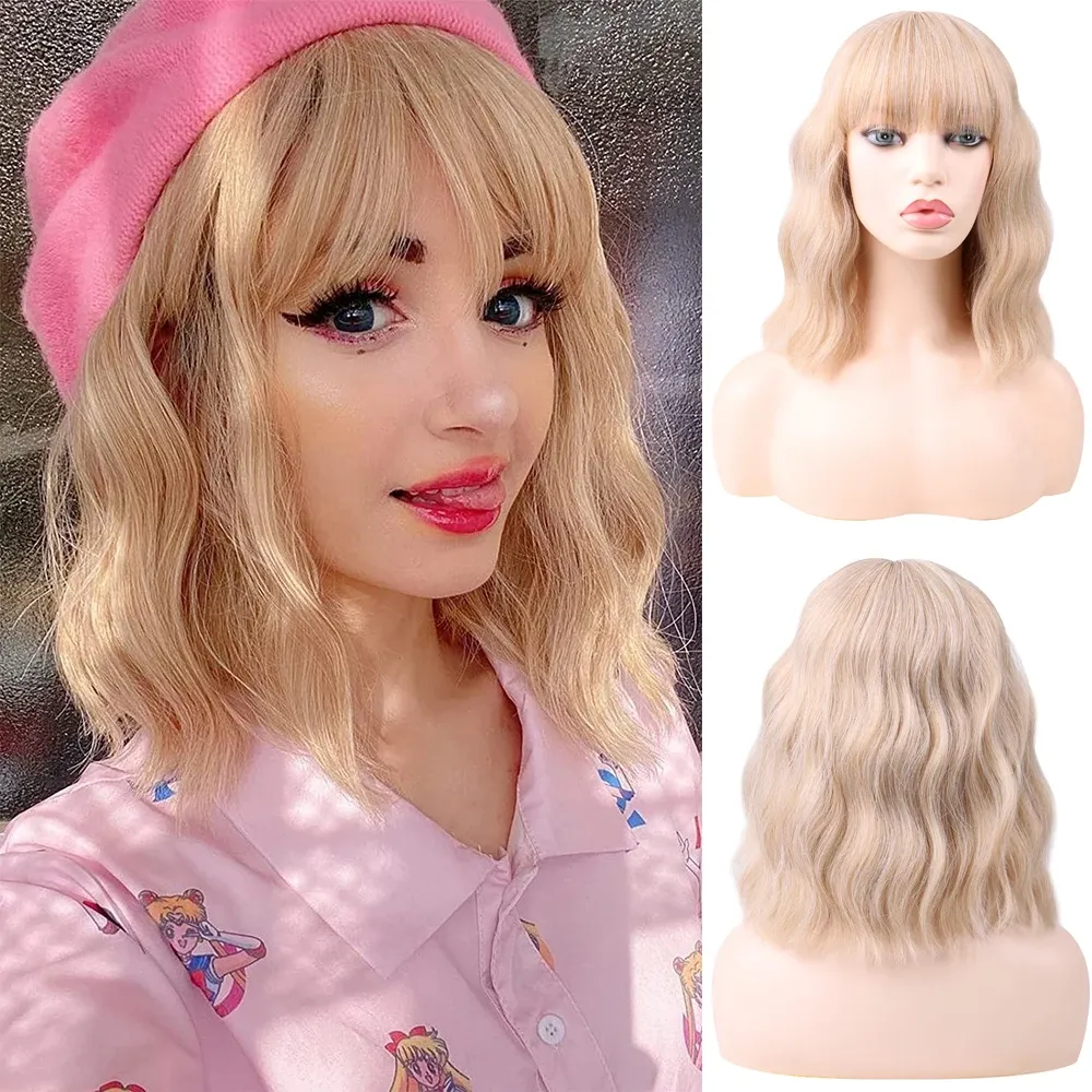 Parrucche Belle Show Bob Body Parrucche sintetiche corte con frangia 12 pollici Lunghezza spalla Parrucca bionda con capelli ondulati per le donne Cosplay