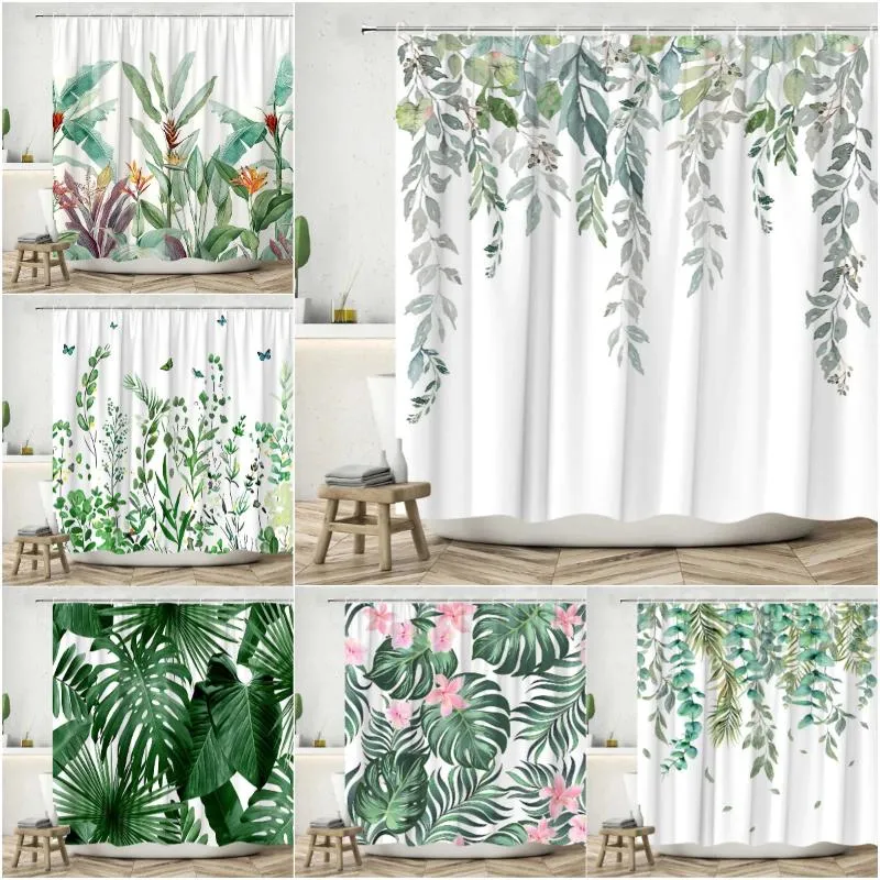 Douchegordijnen Botanisch Bladgordijn Tropische Planten Bloemen Lente Aquarel Boerderij Vlinders Kolibries Badkamer Decor Met Haken