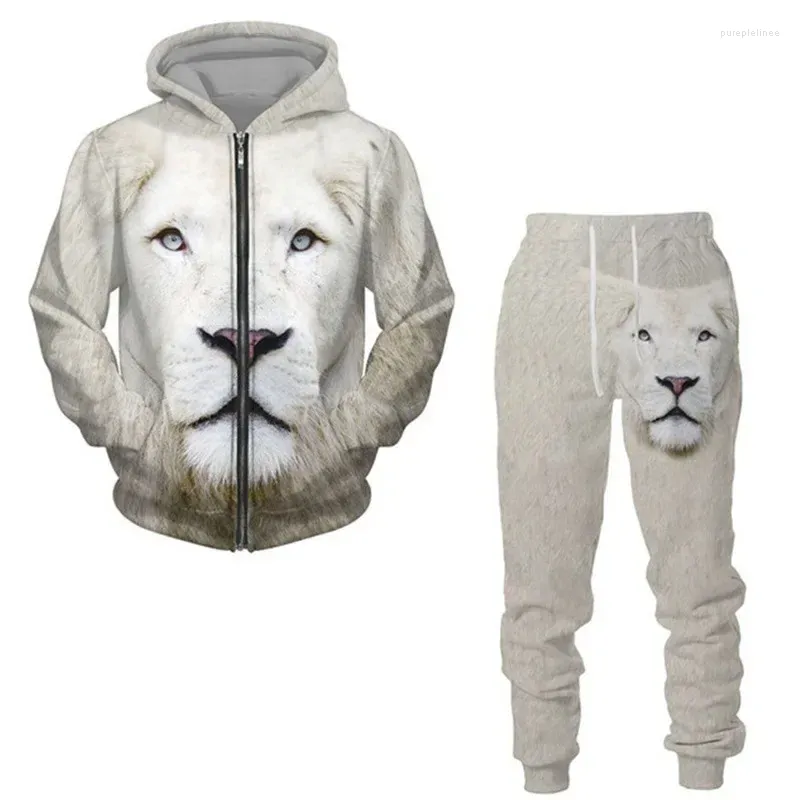 Survêtements pour hommes printemps et automne impression 3D animal lion chemise à glissière ensemble pour décontracté couleur unie polyvalent pull de sport de rue