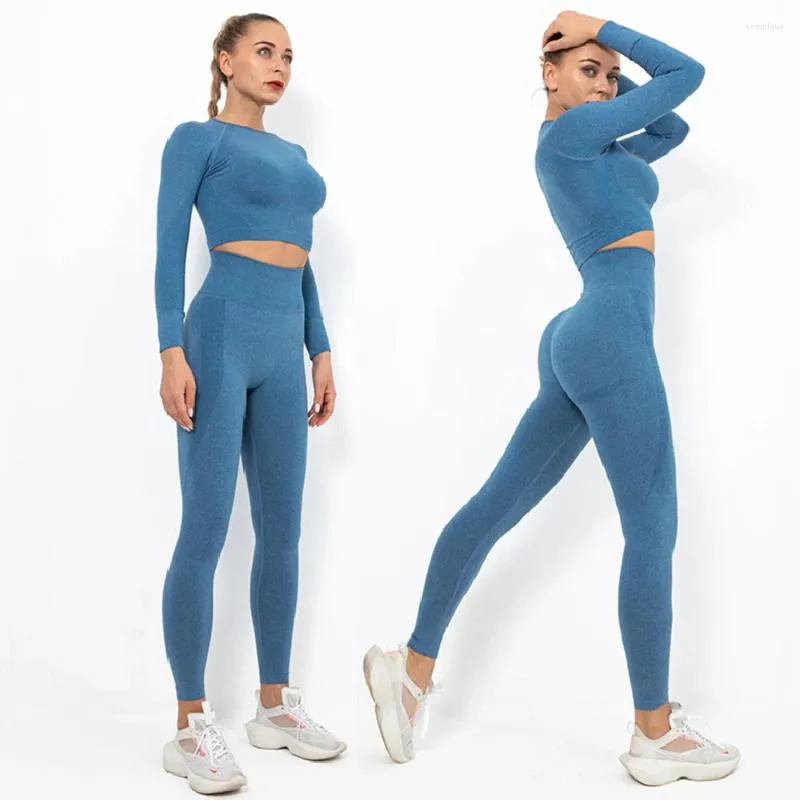 Pantalon de deux pièces pour femmes sans couture femmes yoga ensemble fitness sport costumes de gymnastique à manches longues haut court taille haute leggings de course entraînement ensembles de sport