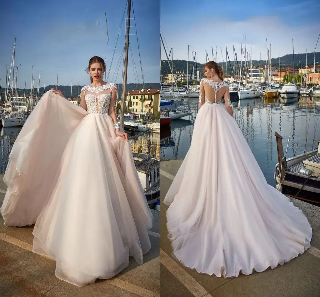 abiti da sposa jasmine beach gioiello applicazioni in pizzo manica lunga trenino abiti da sposa boho corpetto illusion vestido de