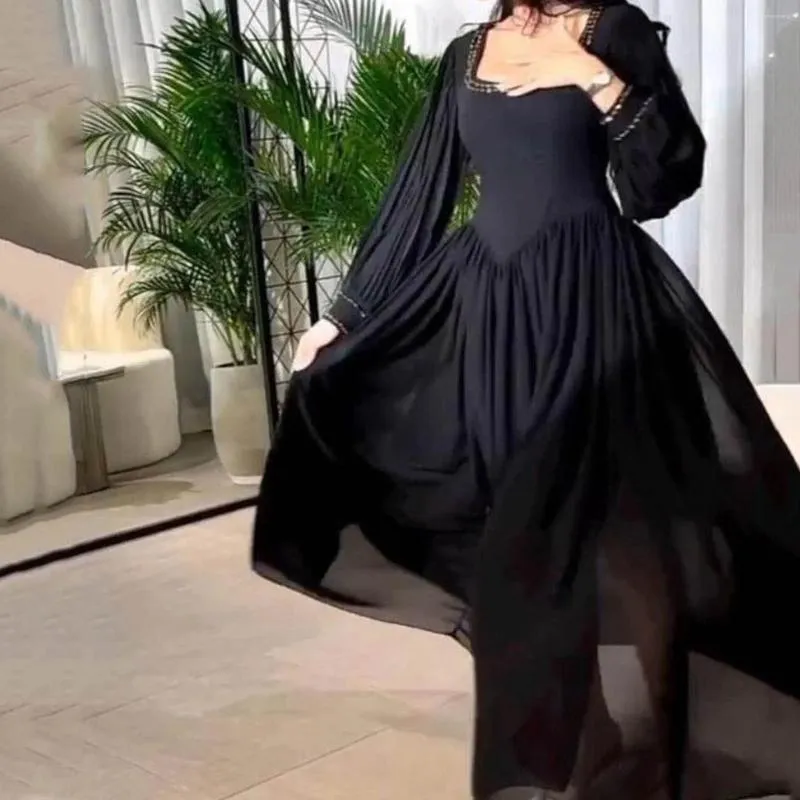 Casual Dresses Spring Elegant Black Party Dress For Women Fashion Skinny Square Neck Long Sleeve Diamond Beading Birthday Prom