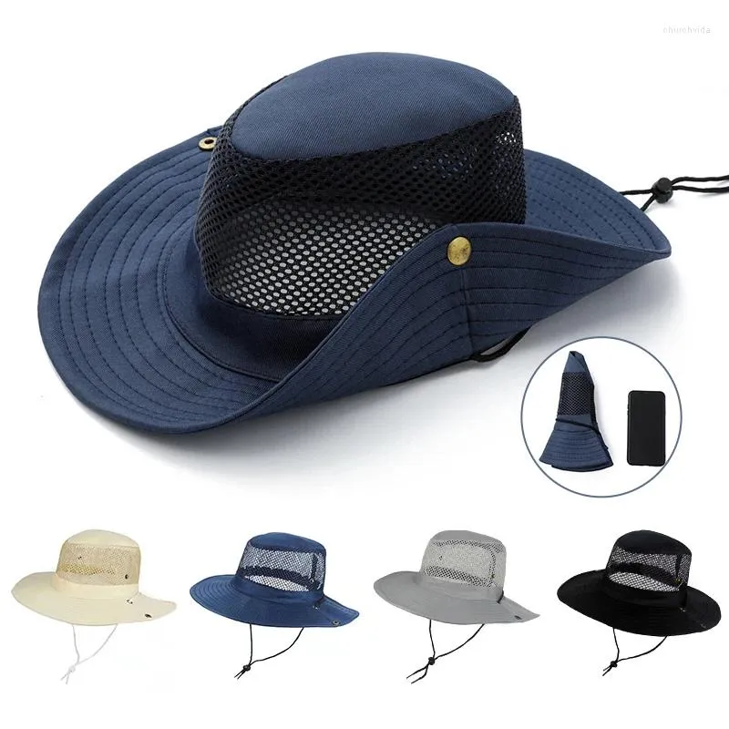 Berets Mann Sommer Sonnenhüte Mesh Atmungsaktive Outdoor Einstellbar Camping Klettern Fisherman Caps Faltbare Sport Sonnenschutz Eimer