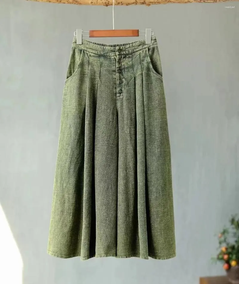 Pantalones de mujer ancho Vintage pierna verde lino desgastado mujeres estilo chino talla grande cintura elástica pantalones Casuales sueltos