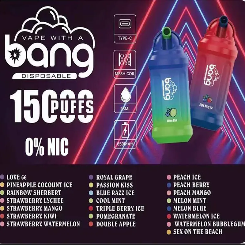 Original Bang 15000 Puffs Desechable E Cigarrillos Bar Kit Precargado 23ml Pod Carros Malla Bobina 0% 2% 3% 5% Vaper Puff 15K Vape Pen