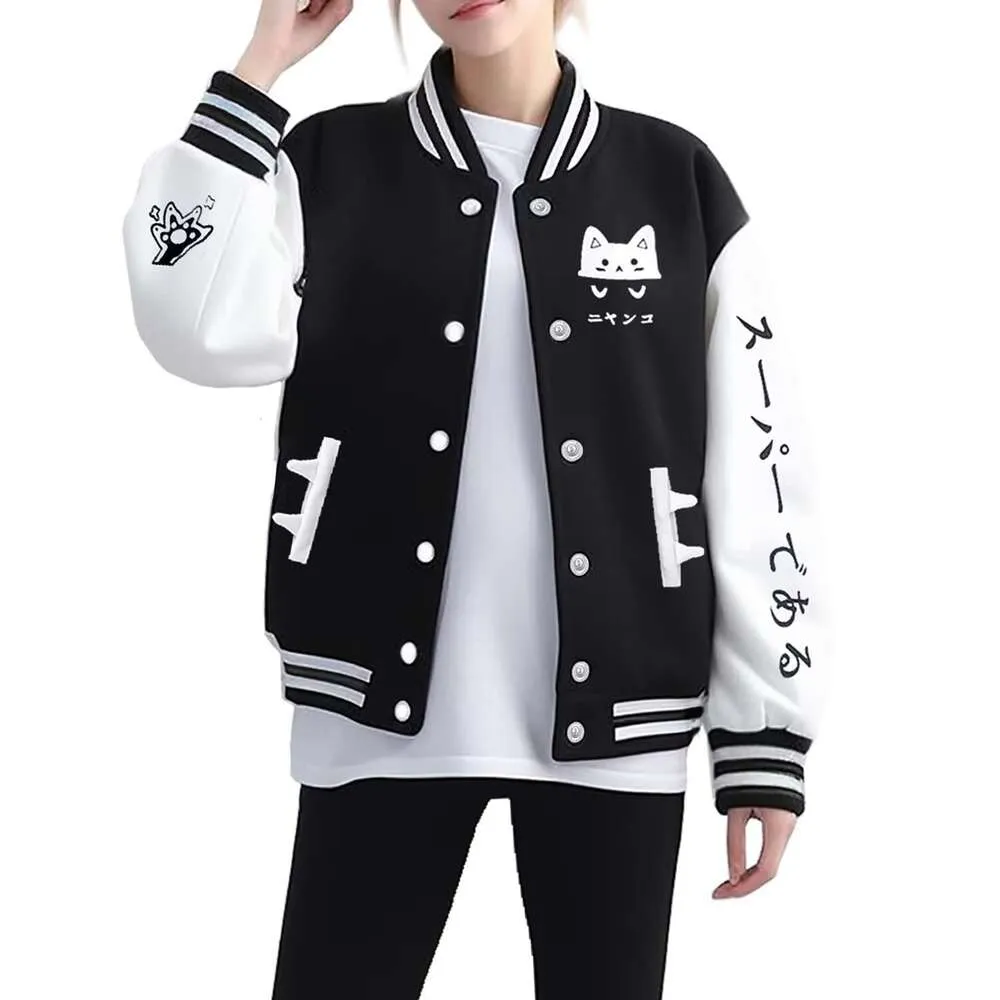 Outofgas Women's Cute Cat Baseball Varsity Casual Sweatshirt Kawaii Print Bomber Jacket Aesthetic Coat