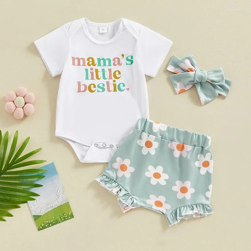 Ensembles de vêtements pour bébé fille, vêtements d'été, barboteuse à manches courtes et short à fleurs avec bandeau, tenue mignonne pour bébé