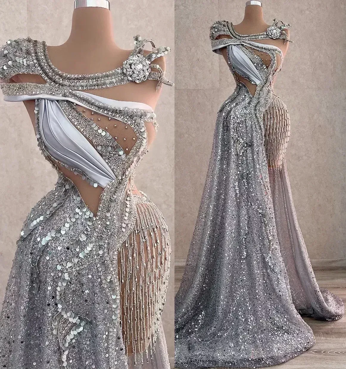 Nowy arabski Aso Ebi Blaskly Srebrny luksusowe sukienki na bal