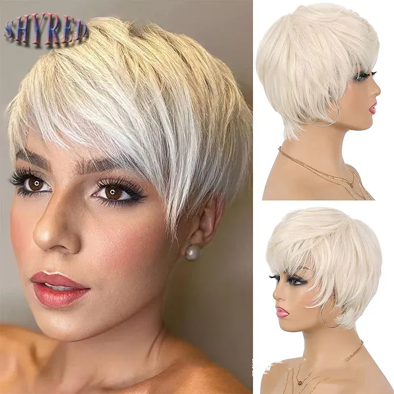 Wigs Short Pixie Cut Wig Wine Red Synthetic Wigs with Bang Dark Roots Ombre Wig for Women Daily Wear Heat Resistant Fake Hair