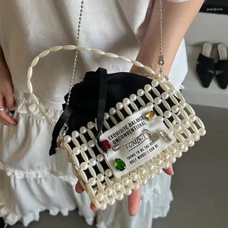 DrawString Vintage Ins Texture Chain Crossbody Bags for Woman 2024 Fashion Pearl Beaded Sticker Diamond Handbag Mini Phone Women's Bag