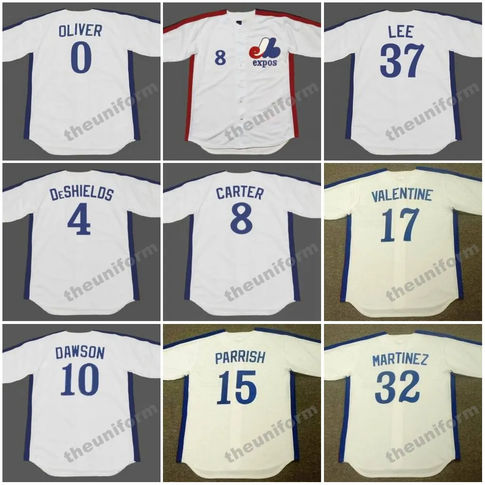 Masculino 1981-1991 Montreal AL OLIVER ANDRE DAWSON DELINO DeSHIEDS DENNIS MARTINEZ ELLIS VALENTINE GARY CARTER LARRY PARRISH Camisa de beisebol retrô S-5XL