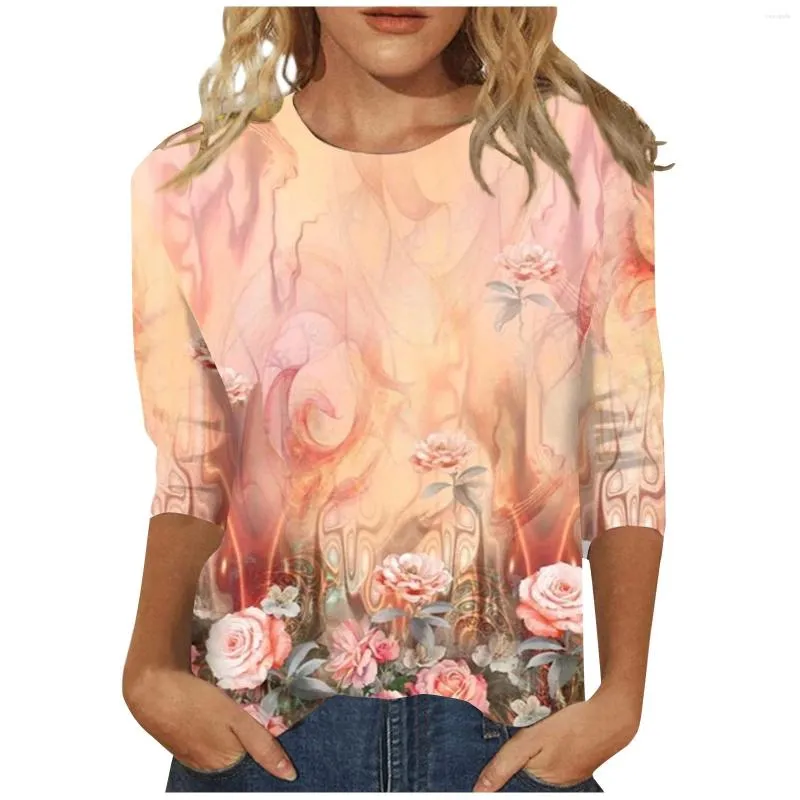 Dames T-shirts T-shirt 3d bloemenpatroon Tees voor dames Lente O-hals Harajuku 3/4 mouw Top Vrouwelijke mode Eenvoudig streetwear