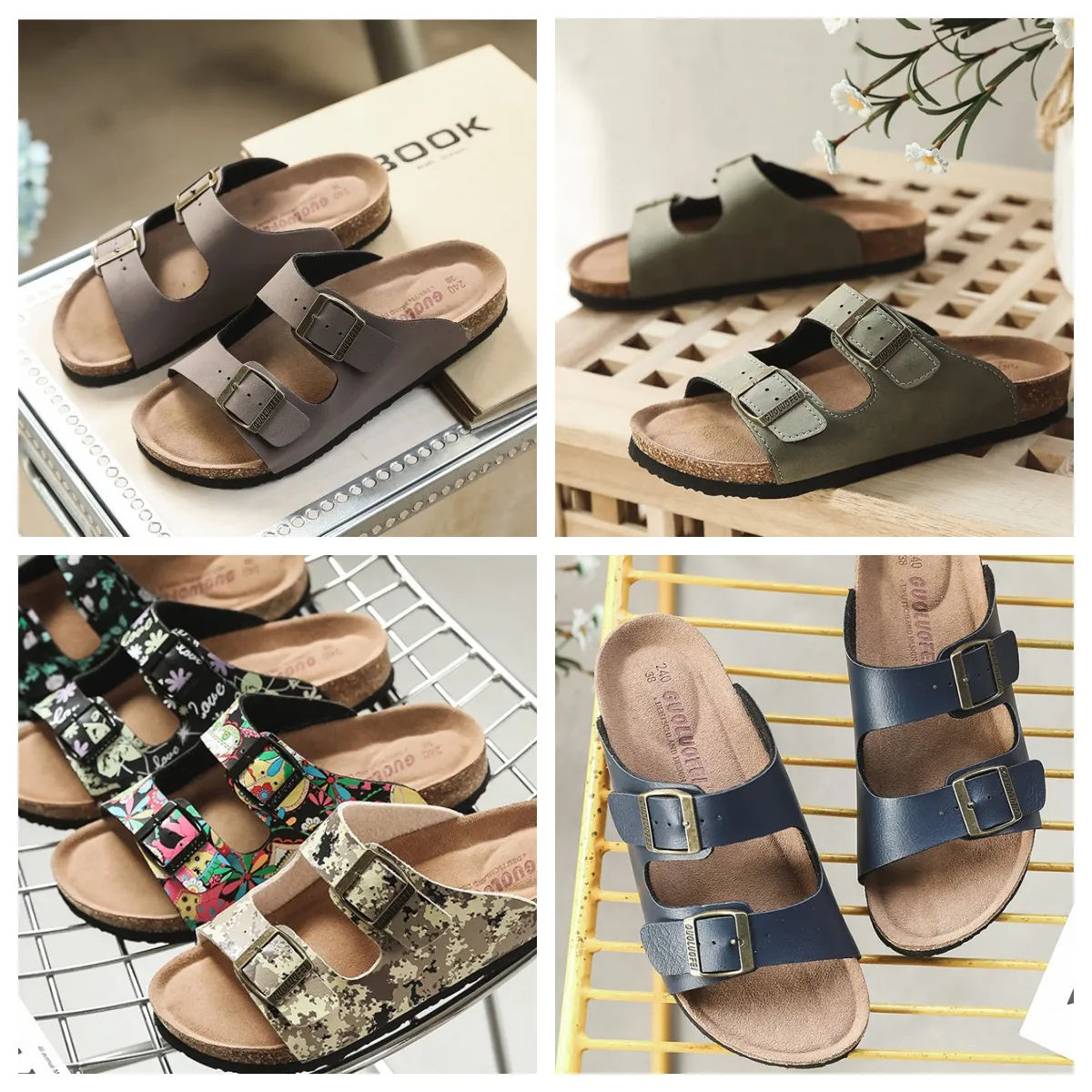 GAI cork slippers for external wear cross-border large-sized foreign trade sandals and slippers one word double button beach shoes Haken shoes New BIGSIZE 2024