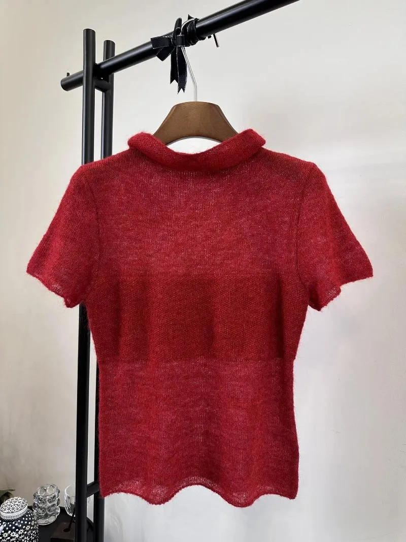 Women's Sweaters 2024 Early Fall Mohair Wool Blend Half High Neck Slim Short-sleeved Sweater 1218