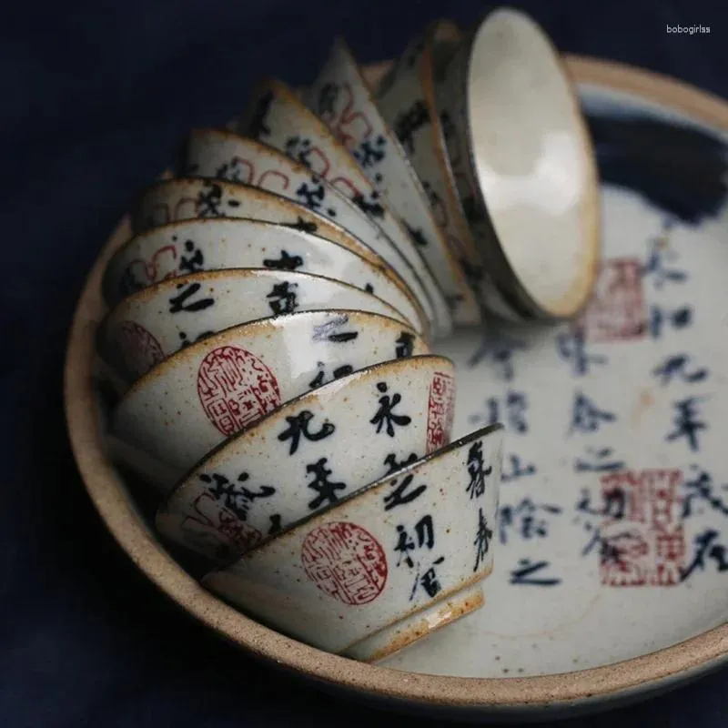 Tasses, soucoupes, calligraphie ancienne chinoise, poterie, tasse à thé, chapeau, service à vin, bol à thé, cérémonie, tasse à thé Antique, 6 pièces/lot