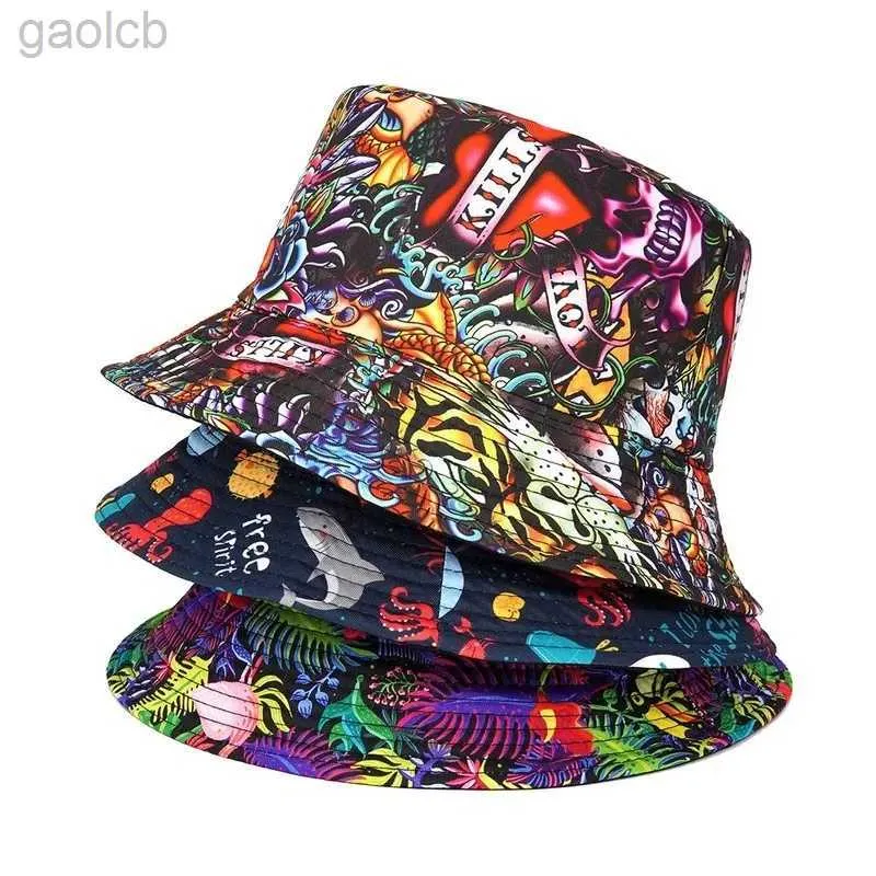 Ampla borda chapéus balde verão chapéu de proteção solar para homens panamá boné impressão hip hop gorros pesca pescador dupla face desgaste moda baldes 24323