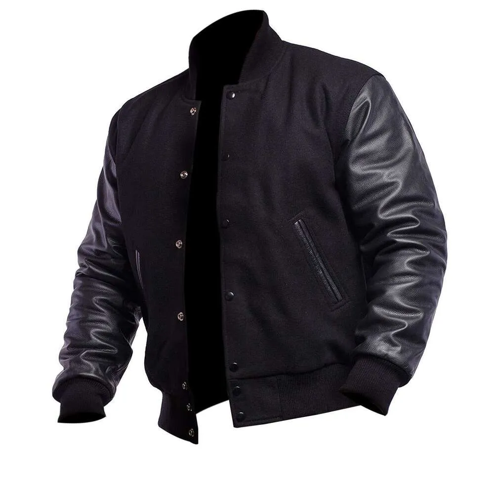 Trendiga män varsity Letterman - High School College Baseball Bomber Wool + Faux Leather Jacket Men