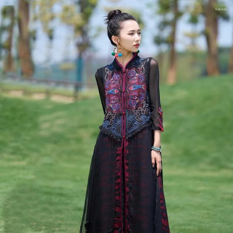 Ethnische Kleidung 2024 Chinesischer Nationalstil Frauen Satin Weste Kleid Jacquard Patchwork Design Stehkragen Ärmellos Lose Retro S600