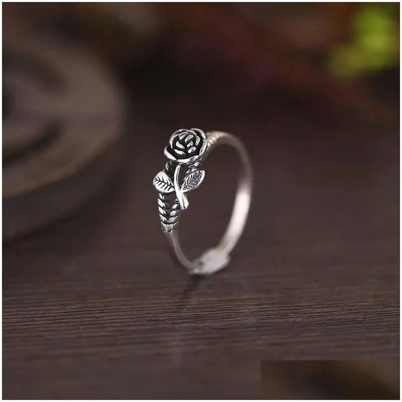 Klaster Pierścienie Kobiety 925 Sterling Sier Sier Vintage 3D Rose Ring Pierścień Zaląższ Zaraz Partia Biżuteria Dostawa Dhezb