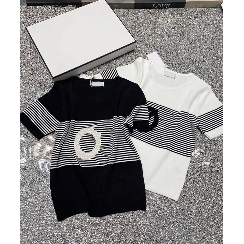 2025 Fashion Summer Women's Sweaters Stripe Knit Pullover Sweater Women Round Neck Short Sleeve Casual Ladies Knitted Tops