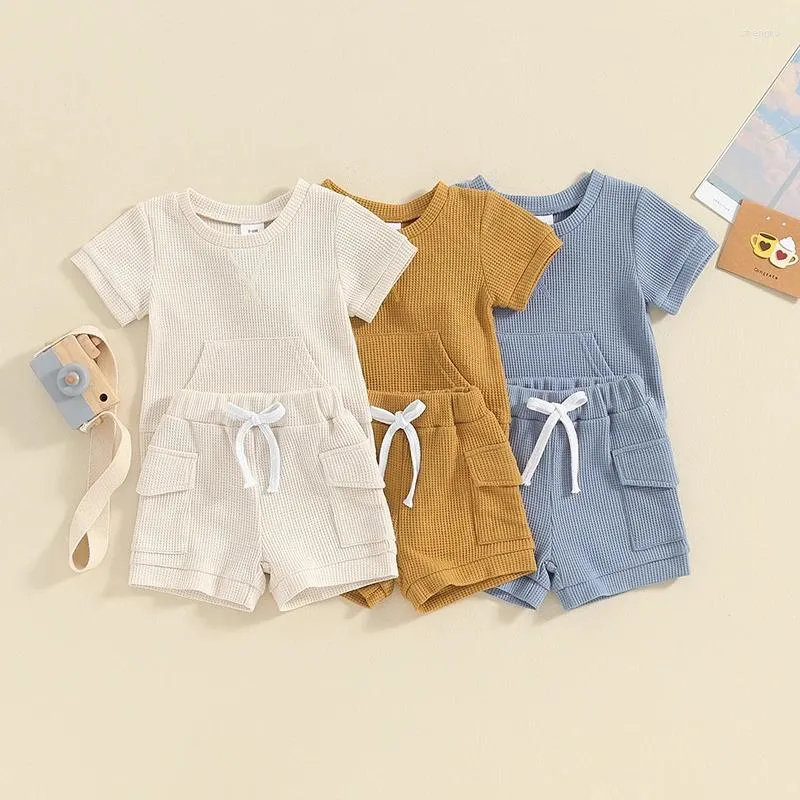 Conjuntos de roupas Criança Crianças Menino Verão Shorts Outfit Cor Sólida Manga Curta Bolso T-shirt Com Cintura Elástica 2 Pcs Waffle
