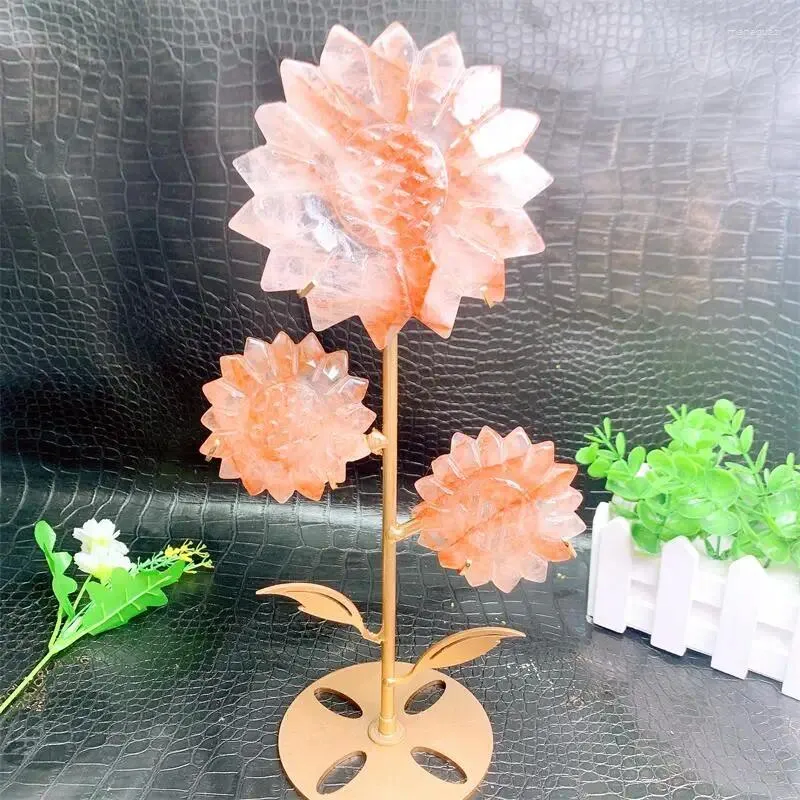 Decorative Figurines Natural Red Fire Quartz Hematoid Sunflower Carving Hand Polished Reiki Healing Crystal Gift Room Office Decoration 1PCS