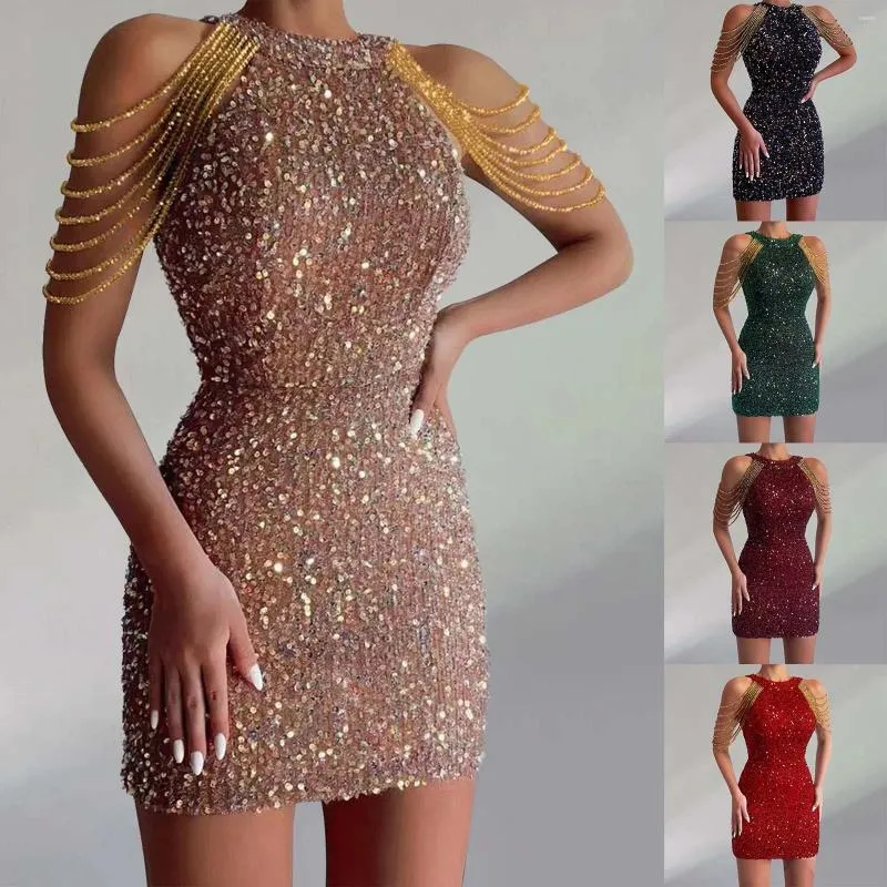 Casual jurken Dames Effen Kleur Modieus Halter Sexy Kristal Franje Pailletten Bodycon Voor Avondfeest Wrap Billen Korte jurk