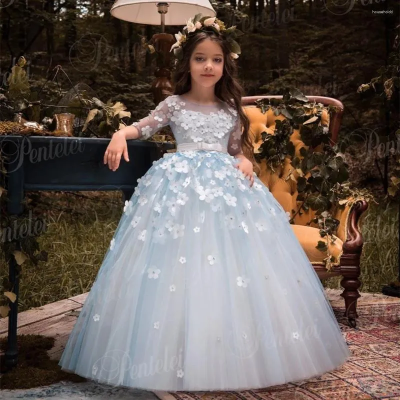 Robes de fille robe à fleurs dentelle florale appliques enfants robes de fête de mariage enfants vêtements princesse première Communion