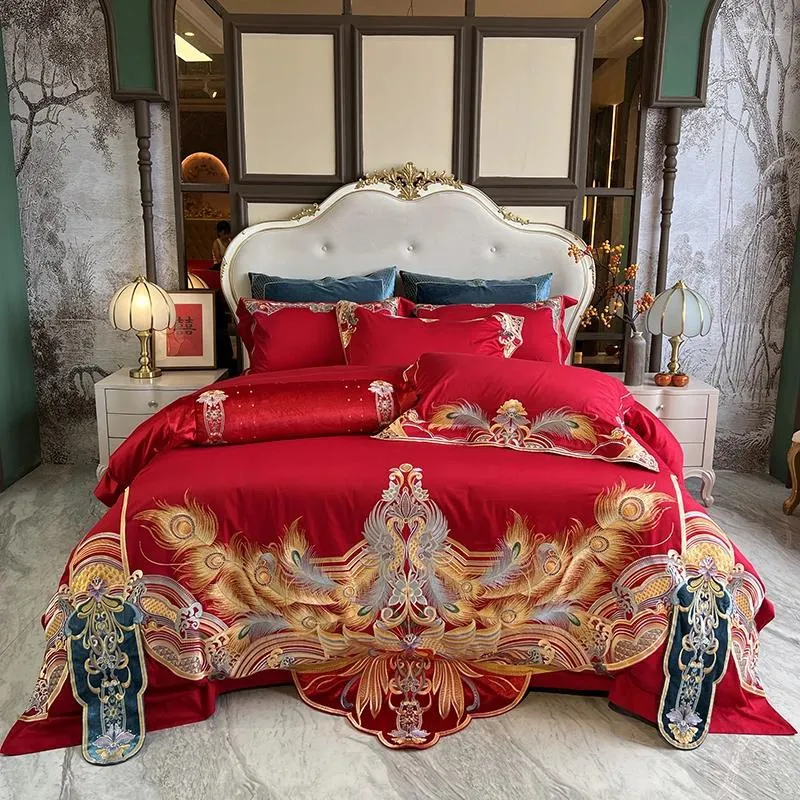 Sängkläder sätter kinesisk stil bröllop lyxguld phoenix broderi 9 st.
