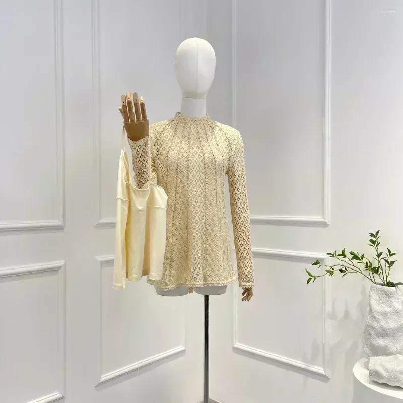 Damesblouses Katoen 2024 Collectie Elegant Solid Lace Hollow Out Lange mouwen Hoge kwaliteit Bijpassende vrouw Casual blouse