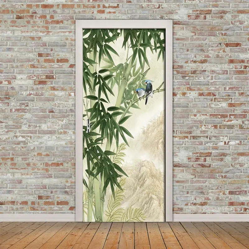 Adesivi 3D disegnato a mano Foresta di bambù Uccello Adesivo per porta Carta da parati Soggiorno Camera da letto Adesivo da parete per porta Decalcomanie murali per la decorazione domestica Poster