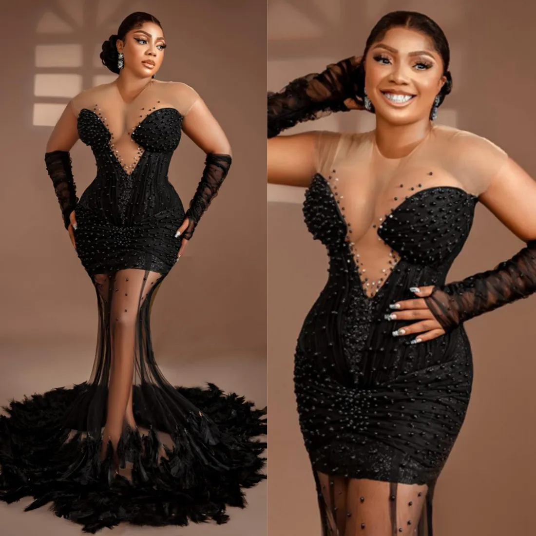 2024 Plus Size Aso Ebi Prom Dresses for Black Women Feathered Promdress Evening Gowns Illusion Mermaid Pearls Beaded Birthday Dress for Special Occasions AM574
