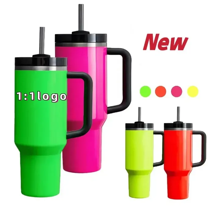 1:1 Stesso logo Bicchiere in acciaio inossidabile da 40 once con vernice fluorescente al neon, vetro temperato con manico e cannuccia, tazza da viaggio isolata in acciaio inossidabile, multicolore 0324