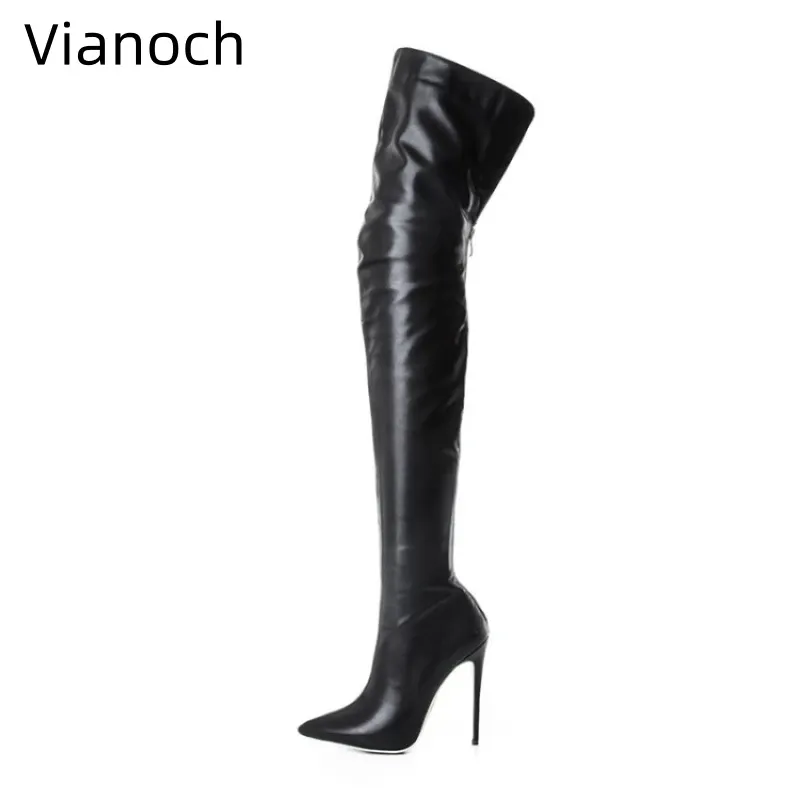 Boots Large size women's boots model sexy pointed toe super high thin heels with zipper behind patent leather knee high boots high boo