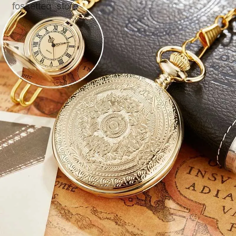Pocket Watches Vintage Roman Numerals Quartz Men Pocket Luxury Gold Steampunk Fob with Chain Necklace Pendant Clock for Men Women L240322