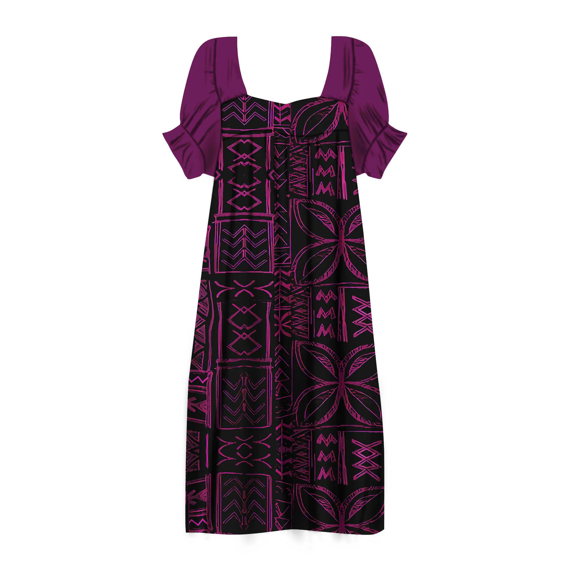 Wholesale Custom Micronesia Mumu Dress Square Neck Midi Tapa Pattern Print Pacific Island Design Womens Dresses