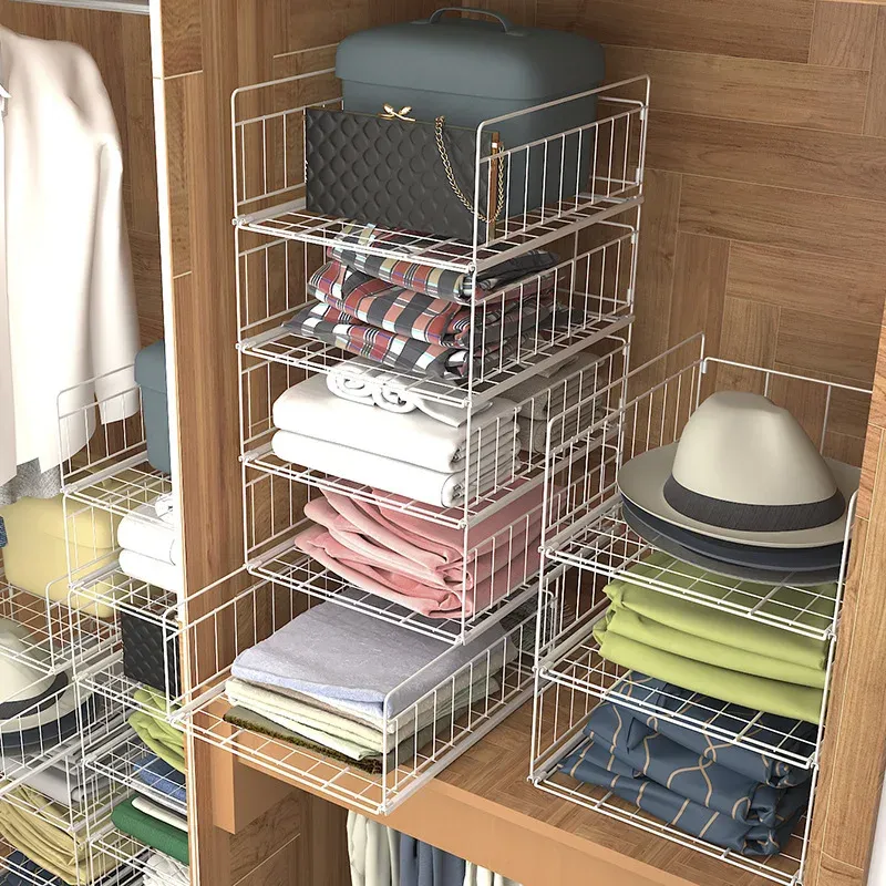 Baskets Iron Storage Basket Wardrobe Organizer Closet Drawer Cabinet Stackable Clothing Organizer Storage Box Bin for Socks Underwear