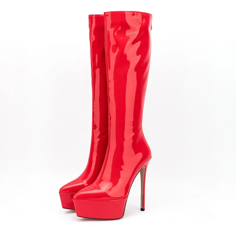 Buty damskie zimowe buty kolanowe czerwony spiczasty palca stały kolor cienki obcasy buty femme na zewnątrz z tyłu zamek błyskawiczny