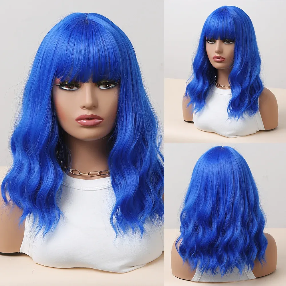 Wigs Blue Synthetic Wigs Short BoBo Deep Curly Wig with Bangs for Women Cosplay Daily Party Lolita Fake Hair Heat Resistant Fibre