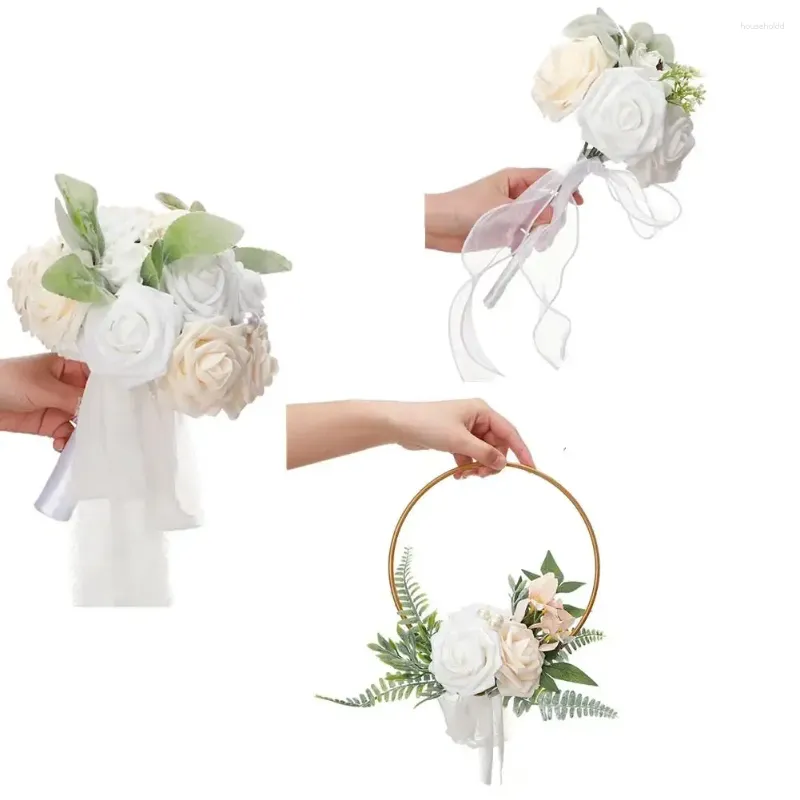 Decorative Flowers Bouquet For Bride Bridesmaids Artificial Rose Bridal Holding Wreath Wedding Party
