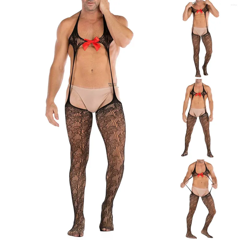 Men's Sleepwear Mesh See Through Underwear Nightclub Bowknot High Slit Sexy Pajamas Erotic Costumes For Sleeping Sale