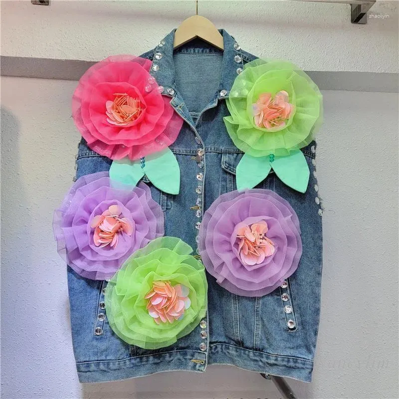 Damenwesten 2024 Frühling Denim Weste Schwerindustrie Große Blume Dekorative Straße Perlen Design Lose Y2k Weste Top