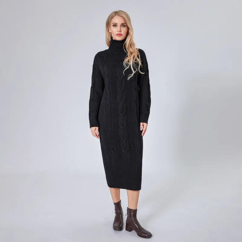 Casual Dresses Winter Women's Solid Color Wool Crocheted Long Dress Turtleneck Sleeve Loose Pullover Sweater Knitted