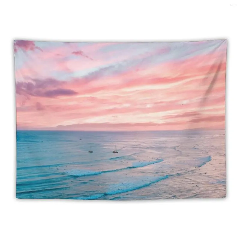 Tapisserier Pink Cotton Candy Sky Ocean Waves Sunset Tapestry matta på väggrummet Dekorativa väggmålningar